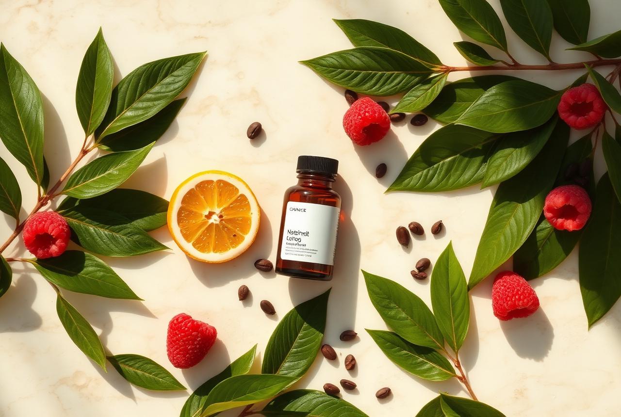Green tea leaves, coffee beans and raspberries arranged around a supplement bottle