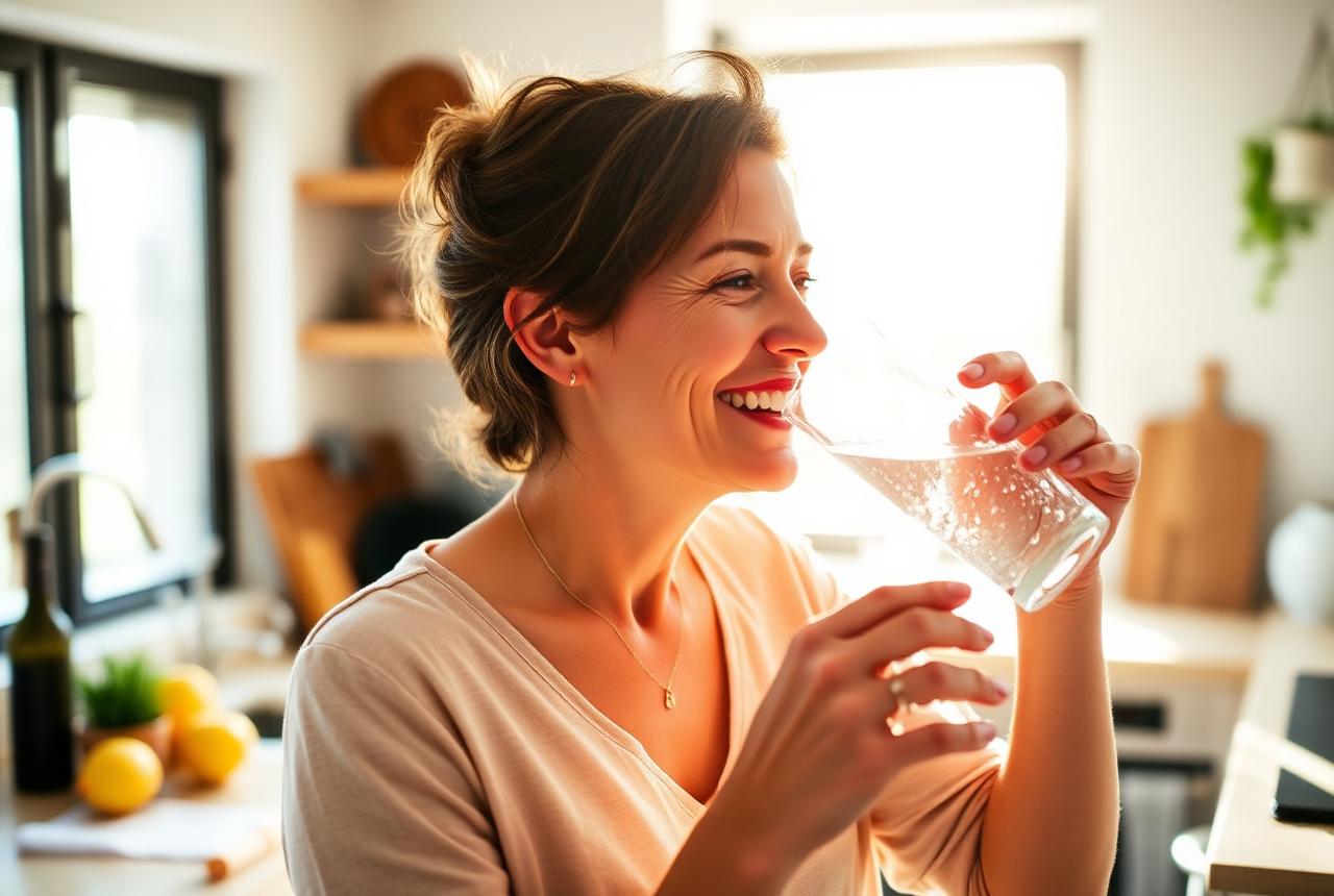 Woman starting her morning routine with a glass of sparkling water